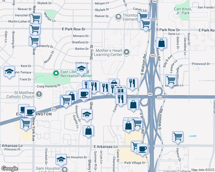 map of restaurants, bars, coffee shops, grocery stores, and more near 2300 Seminole Drive in Arlington