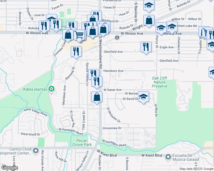 map of restaurants, bars, coffee shops, grocery stores, and more near 3201 West Saner Avenue in Dallas