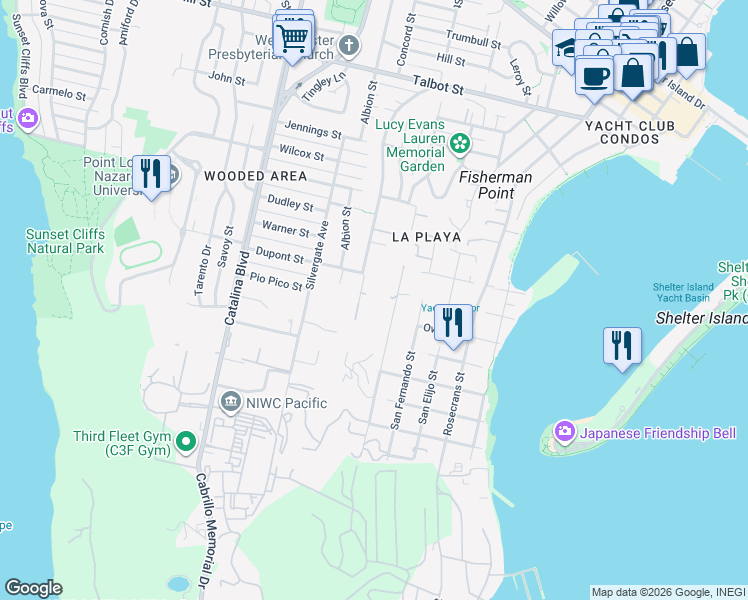 map of restaurants, bars, coffee shops, grocery stores, and more near 567 Gage Lane in San Diego