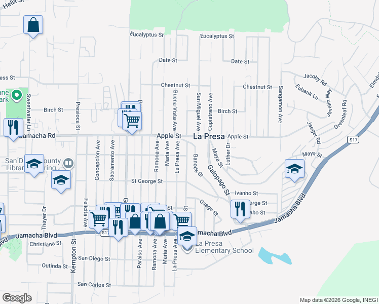 map of restaurants, bars, coffee shops, grocery stores, and more near 908 Pecos Street in Spring Valley