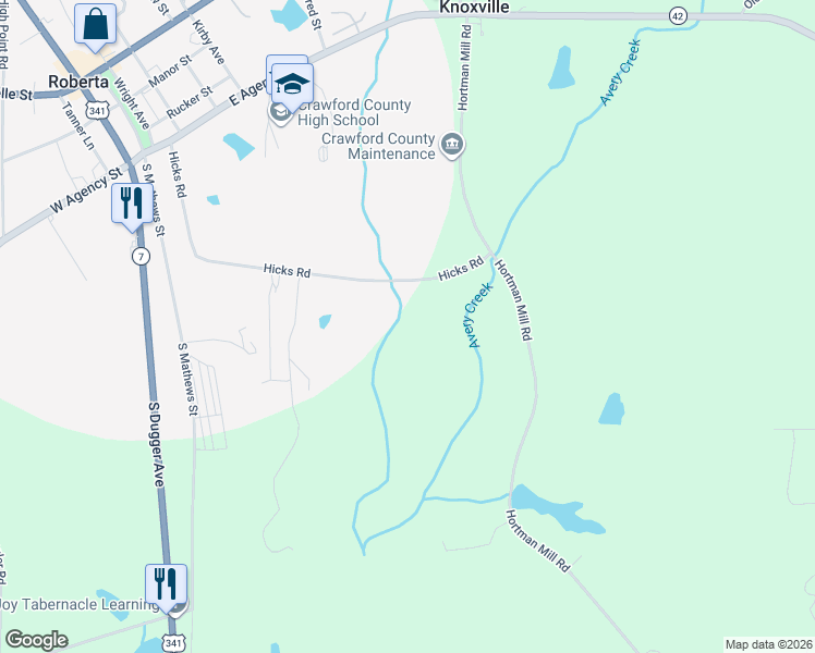 map of restaurants, bars, coffee shops, grocery stores, and more near 770 Hicks Road in Roberta
