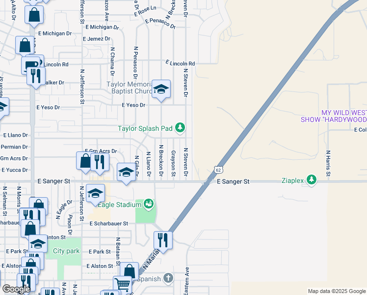 map of restaurants, bars, coffee shops, grocery stores, and more near 1309 North Steven Drive in Hobbs