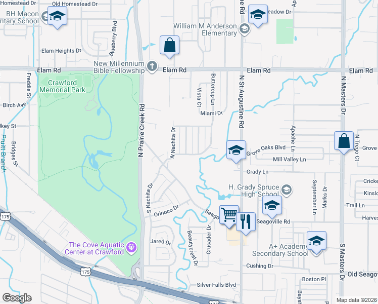 map of restaurants, bars, coffee shops, grocery stores, and more near 202 Prairie Grove Drive in Dallas
