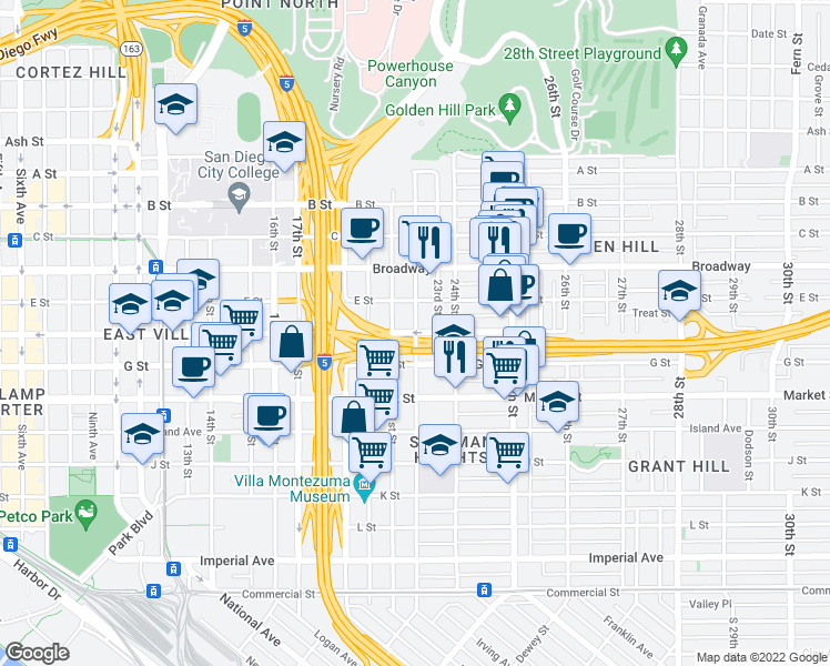 map of restaurants, bars, coffee shops, grocery stores, and more near F St & 22nd St in San Diego