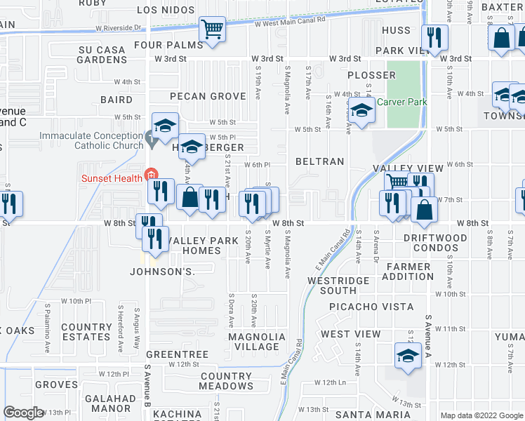 map of restaurants, bars, coffee shops, grocery stores, and more near 736 South 19th Avenue in Yuma