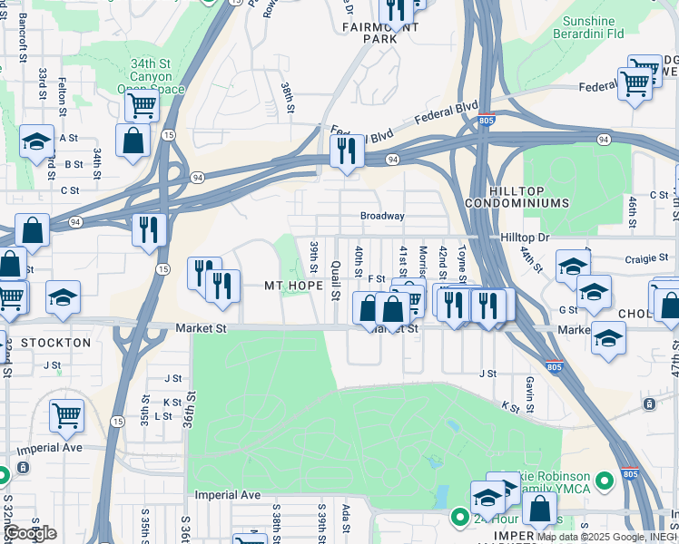 map of restaurants, bars, coffee shops, grocery stores, and more near 805 Quail Street in San Diego