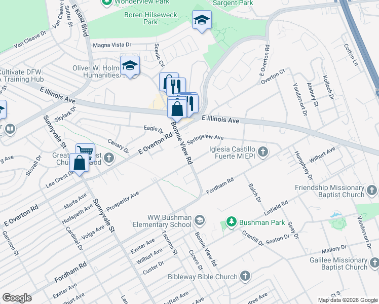 map of restaurants, bars, coffee shops, grocery stores, and more near 3715 Bonnie View Road in Dallas