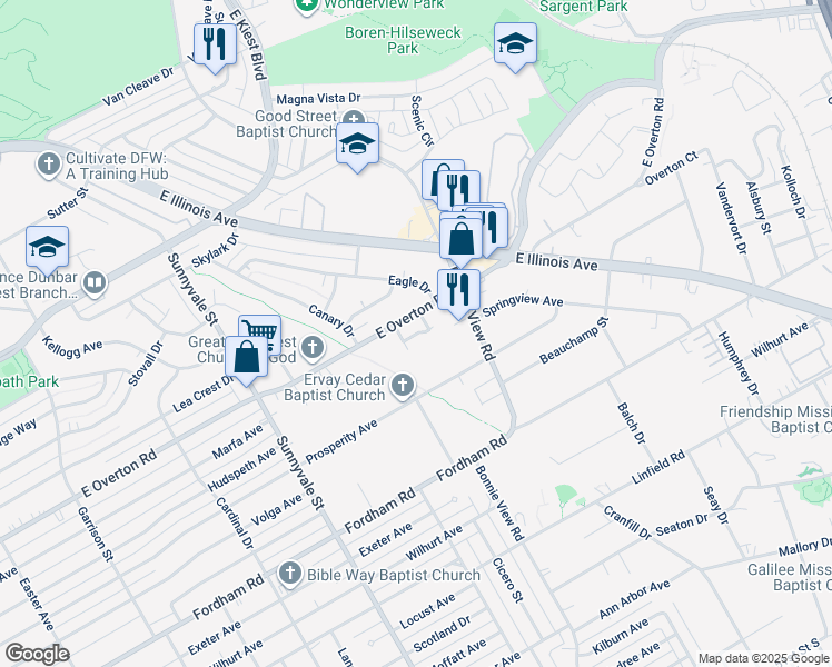 map of restaurants, bars, coffee shops, grocery stores, and more near 2836 East Overton Road in Dallas