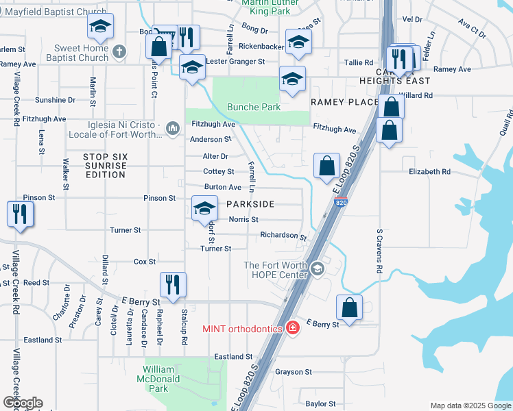 map of restaurants, bars, coffee shops, grocery stores, and more near 5612 Pinson Street in Fort Worth