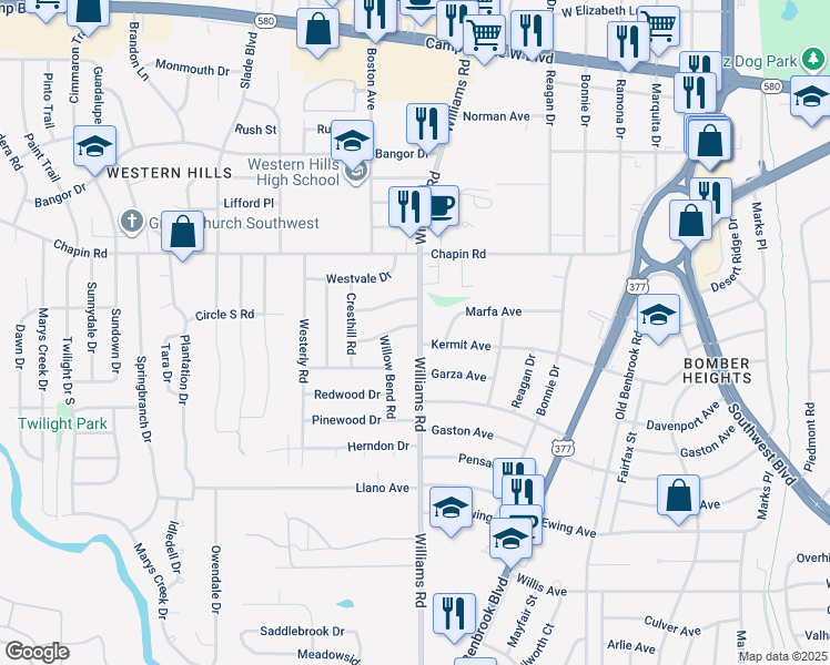map of restaurants, bars, coffee shops, grocery stores, and more near 8009 Ferndale Drive in Benbrook
