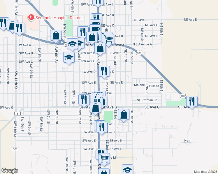 map of restaurants, bars, coffee shops, grocery stores, and more near 509 Southeast 2nd Street in Seminole