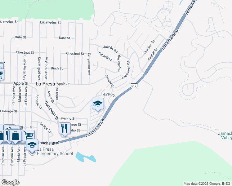 map of restaurants, bars, coffee shops, grocery stores, and more near 10113 Fairhill Drive in Spring Valley