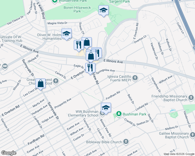map of restaurants, bars, coffee shops, grocery stores, and more near 3715 Bonnie View Road in Dallas