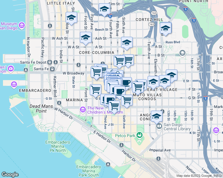 map of restaurants, bars, coffee shops, grocery stores, and more near 808 4th Avenue in San Diego