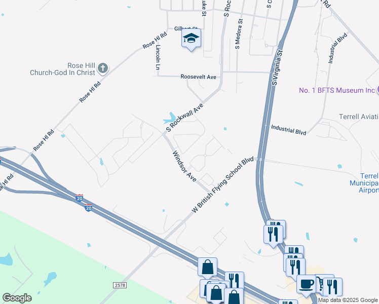 map of restaurants, bars, coffee shops, grocery stores, and more near 116 Hamilton Drive in Terrell