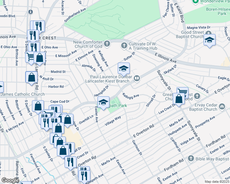 map of restaurants, bars, coffee shops, grocery stores, and more near 1805 East Kiest Boulevard in Dallas