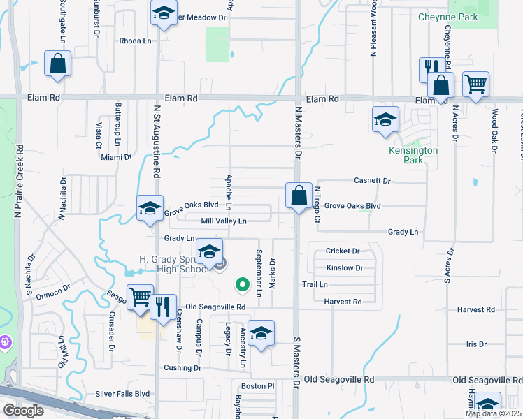 map of restaurants, bars, coffee shops, grocery stores, and more near 10011 Mill Valley Lane in Dallas