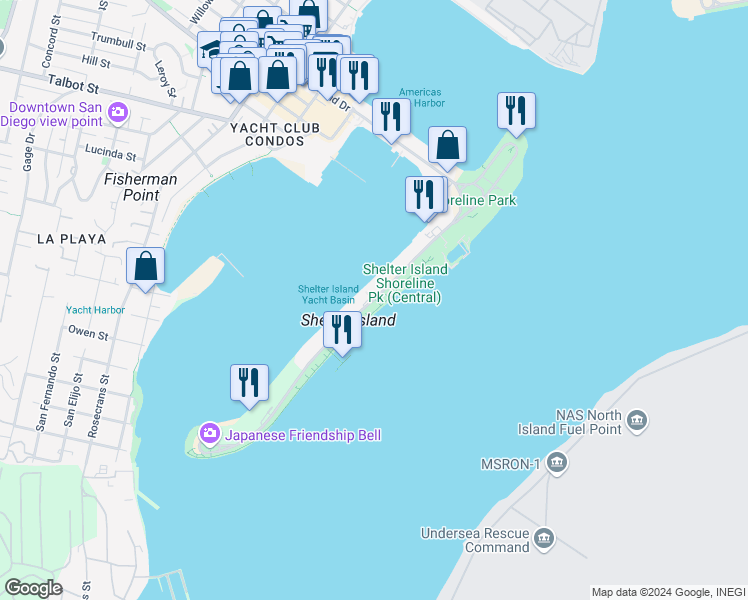 map of restaurants, bars, coffee shops, grocery stores, and more near 2050 Shelter Island Drive in San Diego