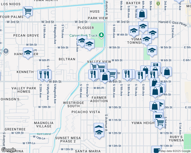 map of restaurants, bars, coffee shops, grocery stores, and more near 1204 West 8th Street in Yuma