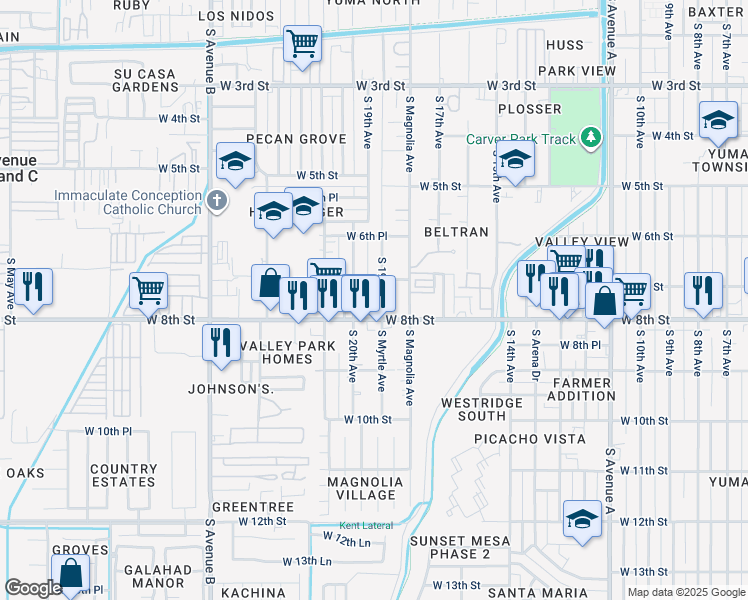 map of restaurants, bars, coffee shops, grocery stores, and more near 736 South 19th Avenue in Yuma