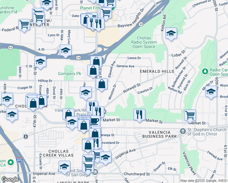 map of restaurants, bars, coffee shops, grocery stores, and more near 815 Winston Drive in San Diego