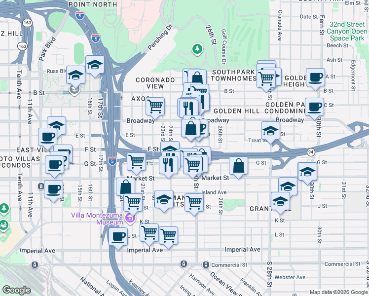 map of restaurants, bars, coffee shops, grocery stores, and more near 2474 F Street in San Diego