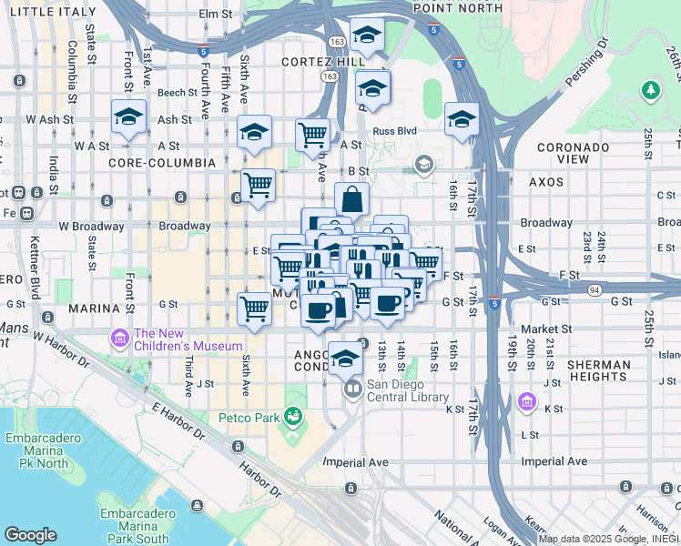map of restaurants, bars, coffee shops, grocery stores, and more near in San Diego