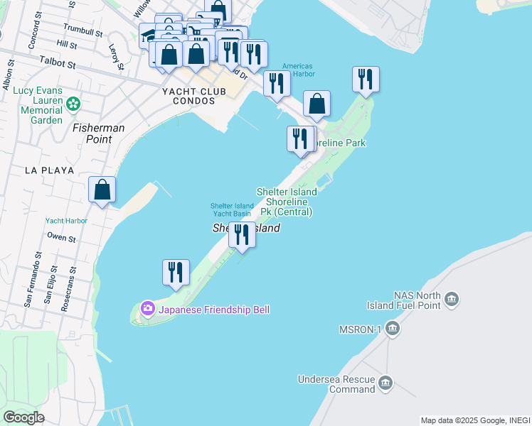 map of restaurants, bars, coffee shops, grocery stores, and more near 2050 Shelter Island Drive in San Diego