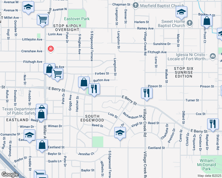 map of restaurants, bars, coffee shops, grocery stores, and more near 4663 East Berry Street in Fort Worth
