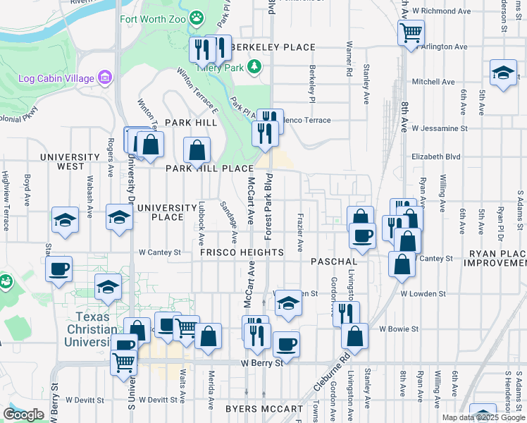 map of restaurants, bars, coffee shops, grocery stores, and more near 2627 McCart Avenue in Fort Worth