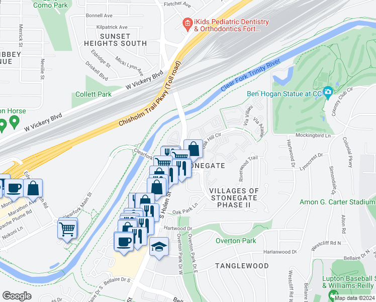 map of restaurants, bars, coffee shops, grocery stores, and more near 2601 South Hulen Street in Fort Worth
