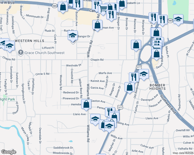 map of restaurants, bars, coffee shops, grocery stores, and more near 7848 Kermit Avenue in Fort Worth