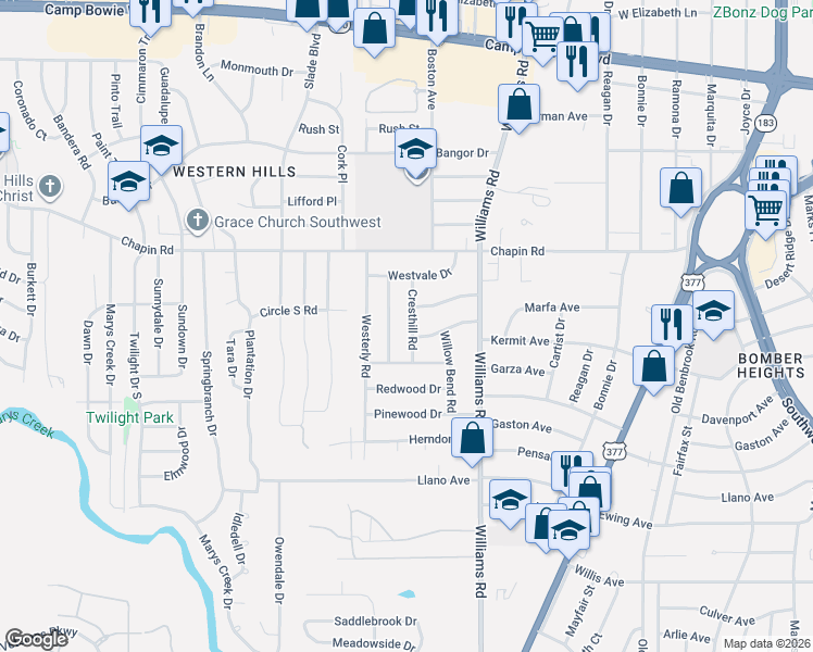 map of restaurants, bars, coffee shops, grocery stores, and more near 8024 Ferndale Drive in Benbrook