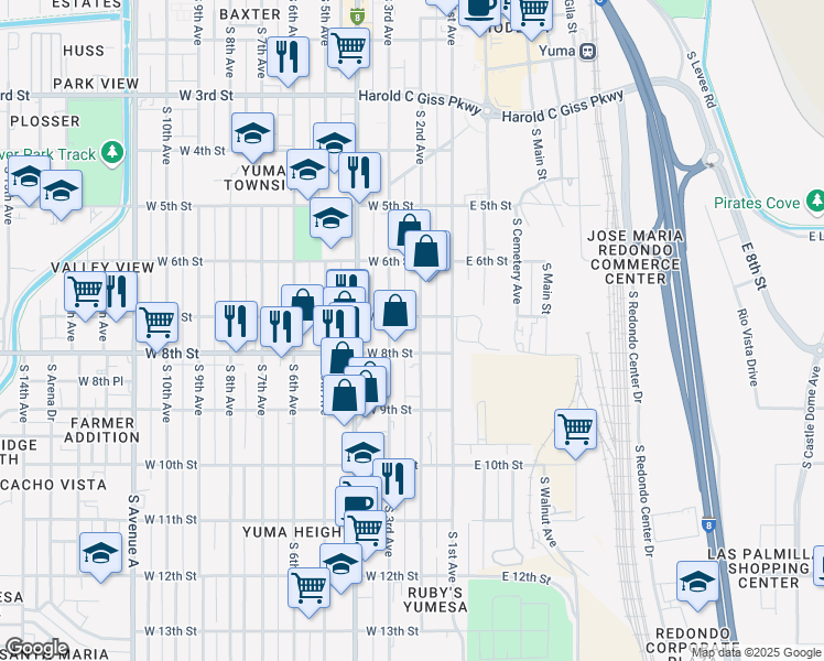 map of restaurants, bars, coffee shops, grocery stores, and more near 734 South 2nd Avenue in Yuma