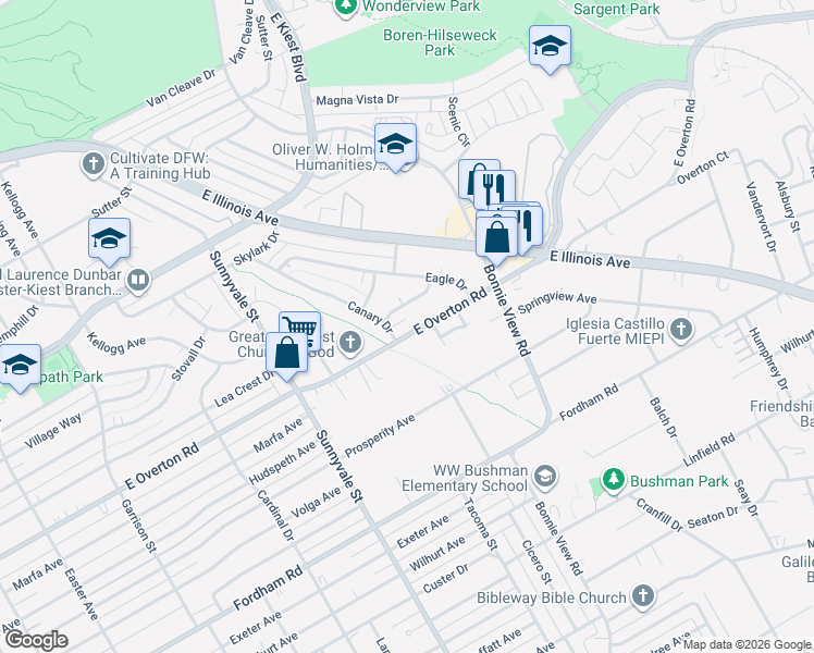 map of restaurants, bars, coffee shops, grocery stores, and more near in Dallas