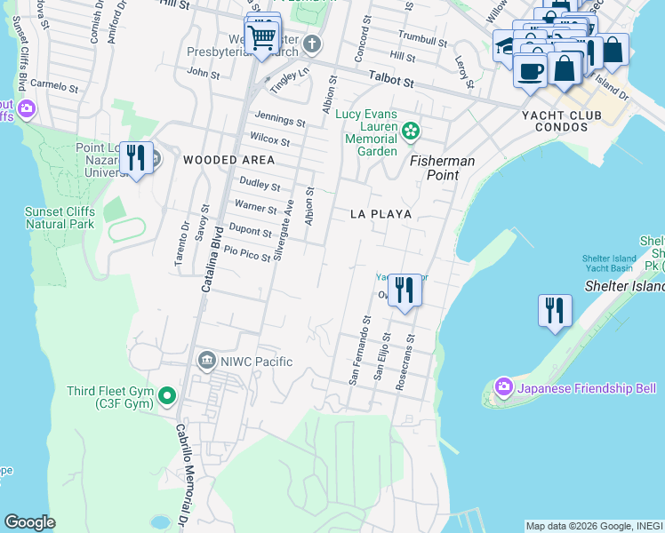 map of restaurants, bars, coffee shops, grocery stores, and more near 567 Gage Lane in San Diego