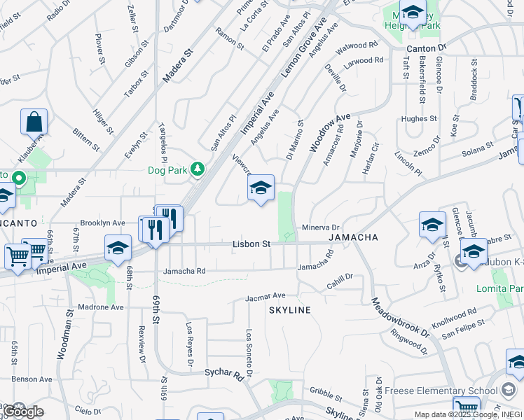 map of restaurants, bars, coffee shops, grocery stores, and more near 7270 Lisbon Street in San Diego