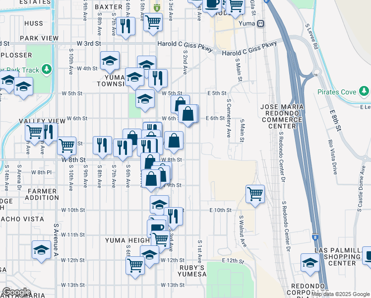 map of restaurants, bars, coffee shops, grocery stores, and more near 734 South 2nd Avenue in Yuma