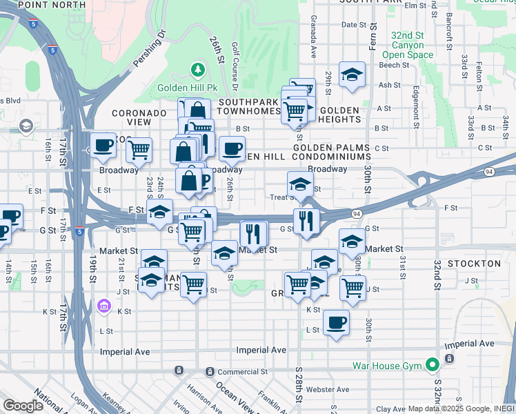 map of restaurants, bars, coffee shops, grocery stores, and more near 2690 F Street in San Diego