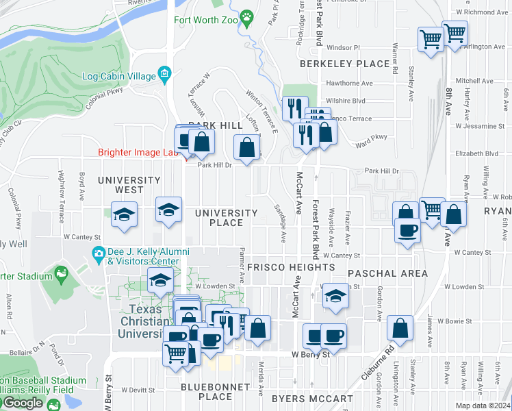 map of restaurants, bars, coffee shops, grocery stores, and more near 2609 Lubbock Avenue in Fort Worth