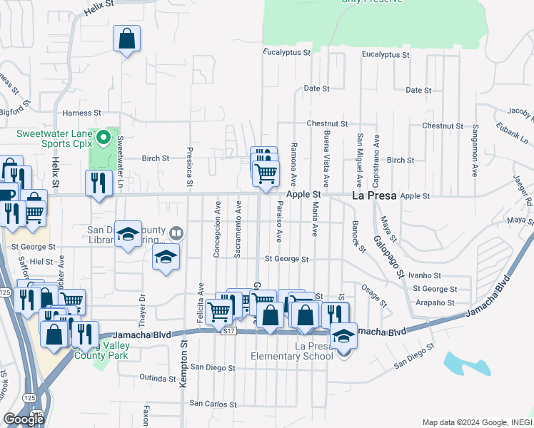 map of restaurants, bars, coffee shops, grocery stores, and more near 913 Grand Avenue in Spring Valley