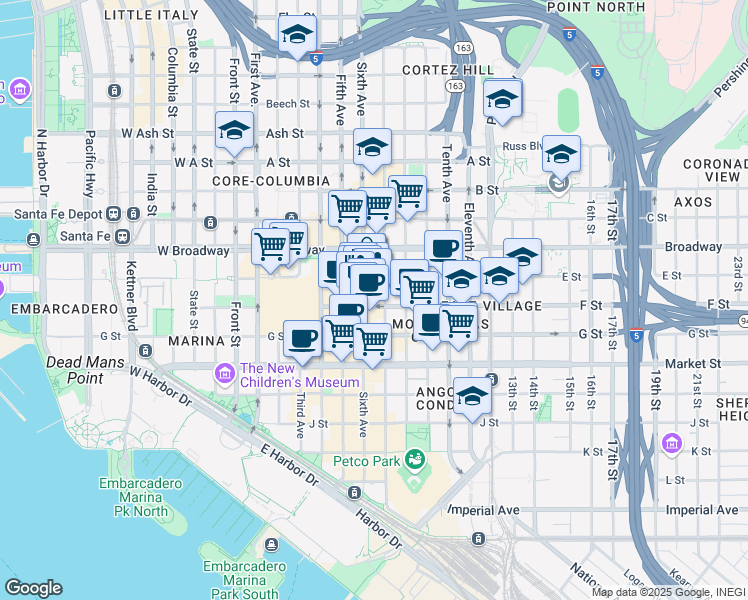 map of restaurants, bars, coffee shops, grocery stores, and more near 600 F Street in San Diego