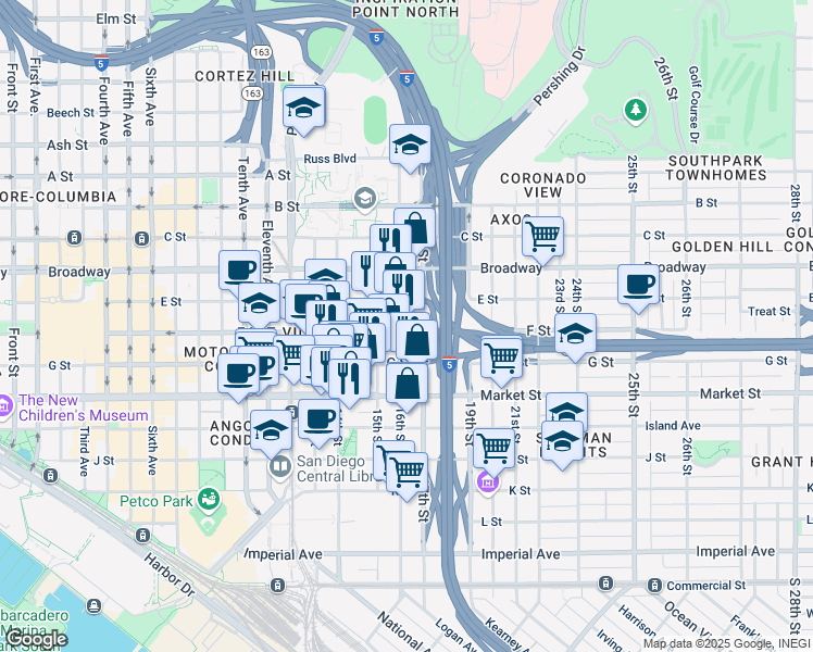 map of restaurants, bars, coffee shops, grocery stores, and more near 805 16th Street in San Diego
