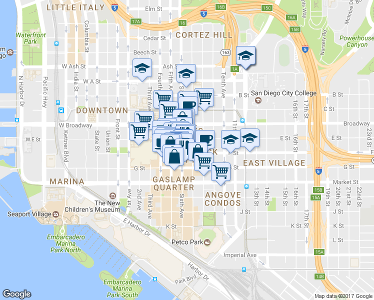 map of restaurants, bars, coffee shops, grocery stores, and more near 630 F Street in San Diego