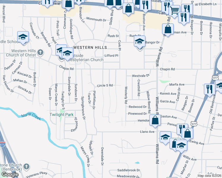 map of restaurants, bars, coffee shops, grocery stores, and more near 3909 Palomino Drive in Benbrook