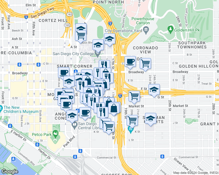 map of restaurants, bars, coffee shops, grocery stores, and more near 1620 F Street in San Diego