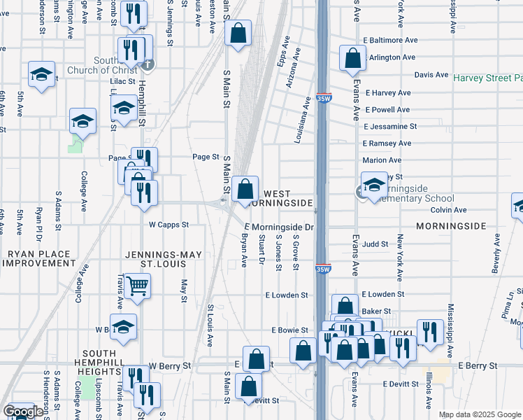 map of restaurants, bars, coffee shops, grocery stores, and more near 2816 Stuart Drive in Fort Worth