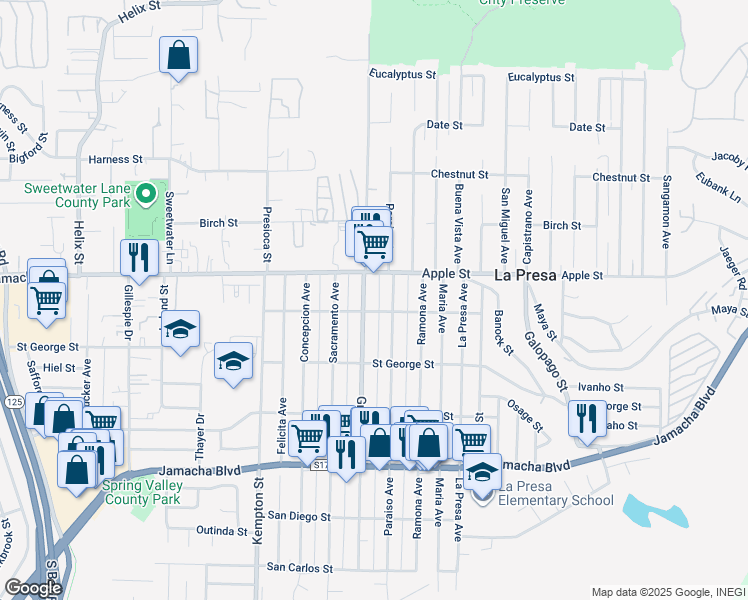 map of restaurants, bars, coffee shops, grocery stores, and more near 905 Grand Avenue in Spring Valley