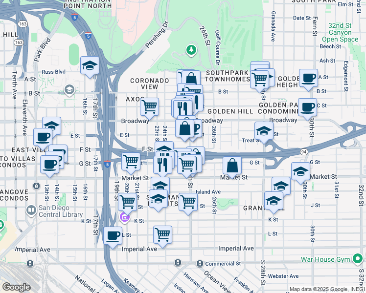 map of restaurants, bars, coffee shops, grocery stores, and more near 2474 F Street in San Diego