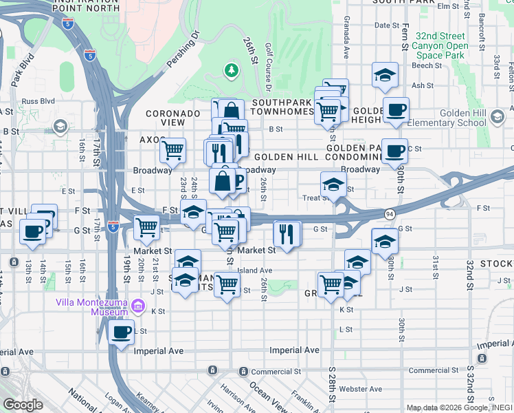 map of restaurants, bars, coffee shops, grocery stores, and more near 2572 F Street in San Diego